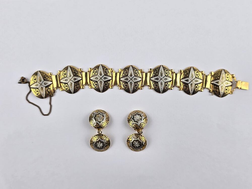 Spanish Damascus Niello Panel bracelet 7" length & Matching Earrings Gold Tone
